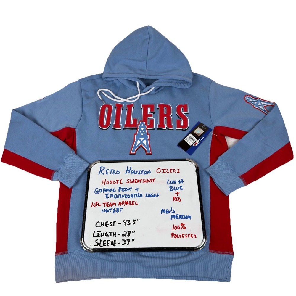 Retro Houston Oilers Hoodie Sweatshirt Men's Medium Blue Red Nwt $85 NFL Apparel - Picture 2 of 9